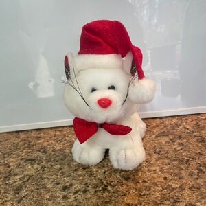 Armbee Corp Vintage White Christmas Cat Plush Santa Hat Red Bow Tie 8 Inch